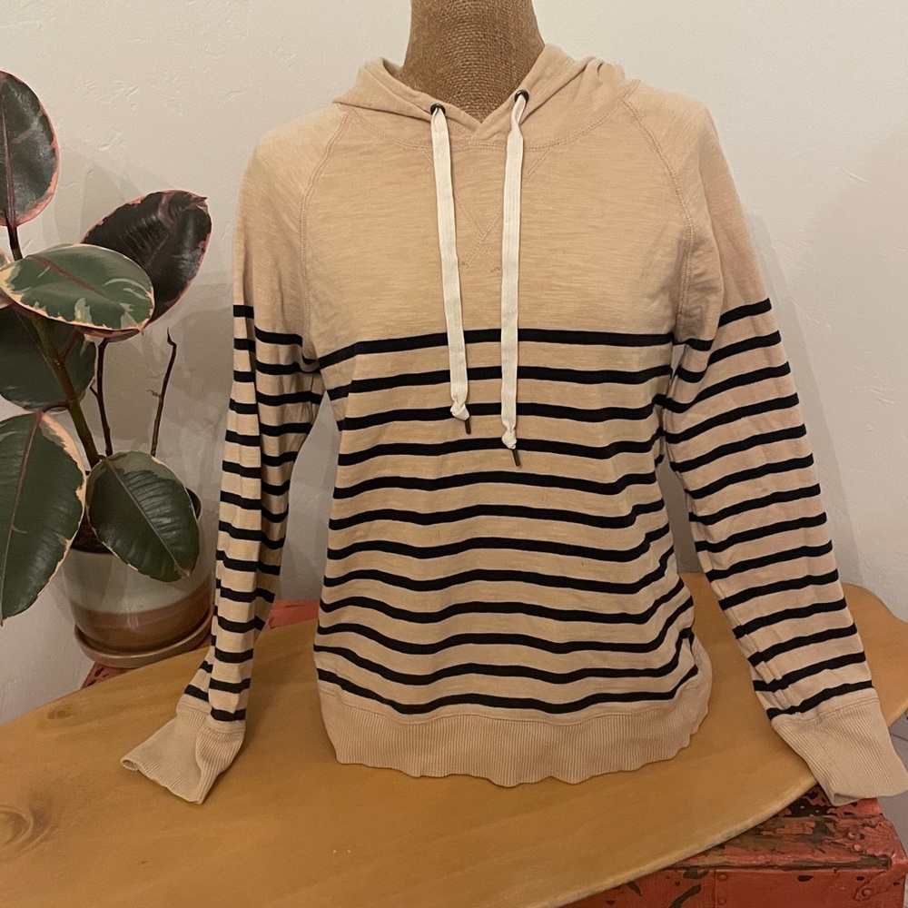 J. Crew Striped Henley Hoodie Beige and Black. Small
